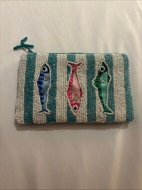 Beaded Fish Stripe Clutch - White with Teal, Pink & Blue Fish